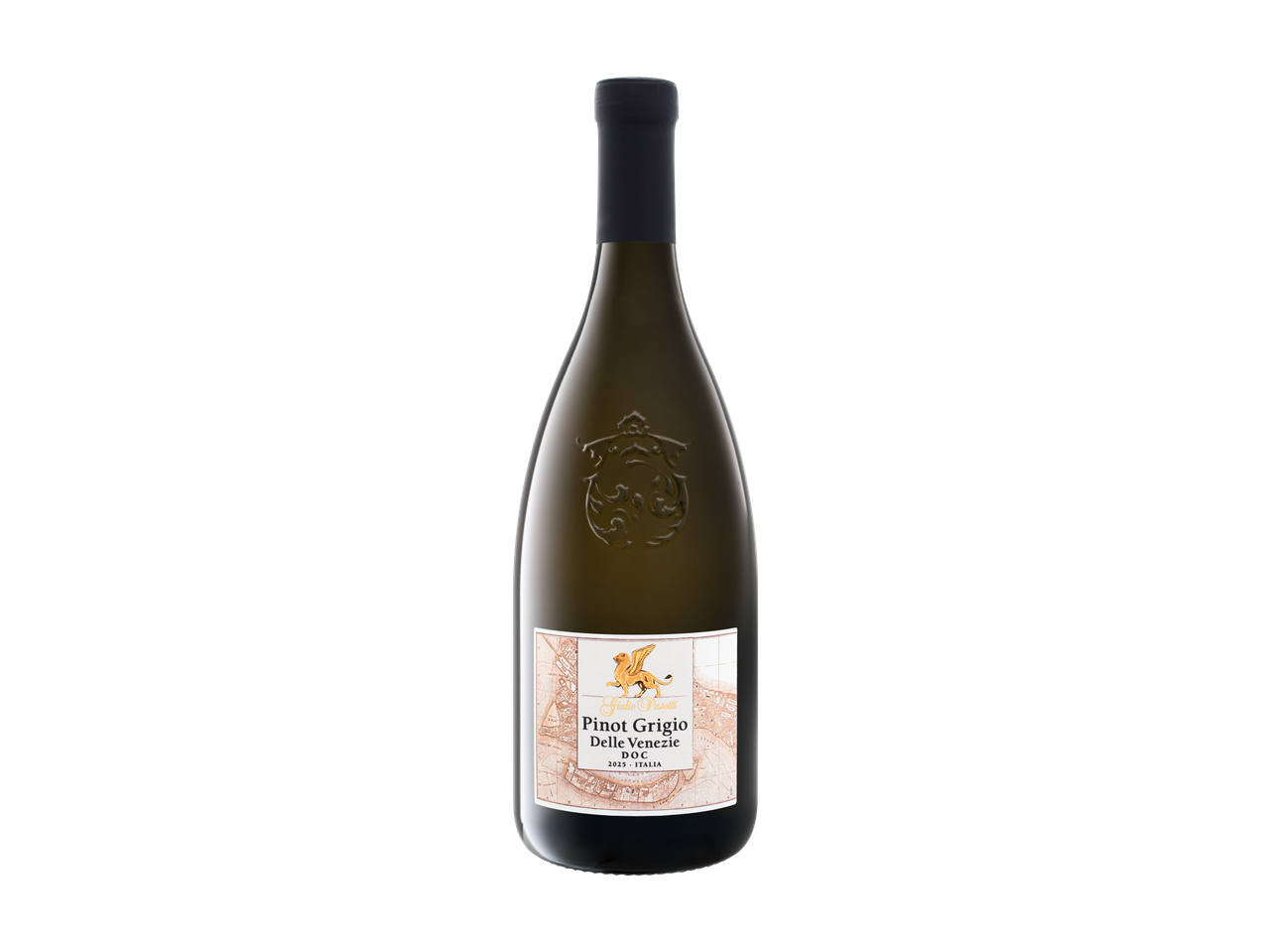 Bouteille de Pinot Grigio Delle Venezie DOC avec une étiquette détaillée et un lion ailé.