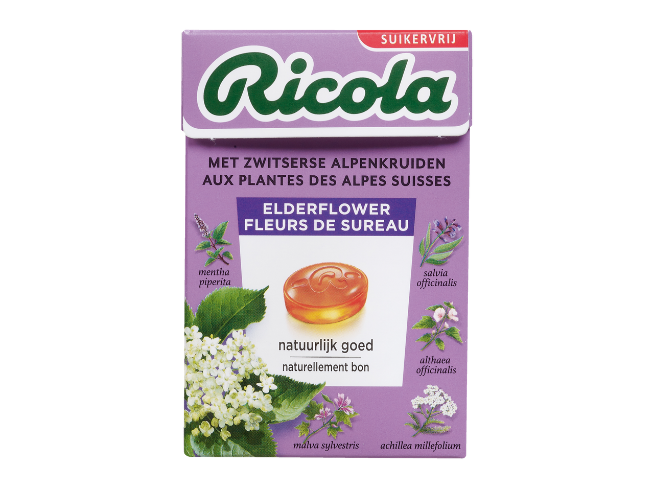 Boîte de bonbons Ricola à la fleur de sureau, sans sucre, avec des herbes suisses.