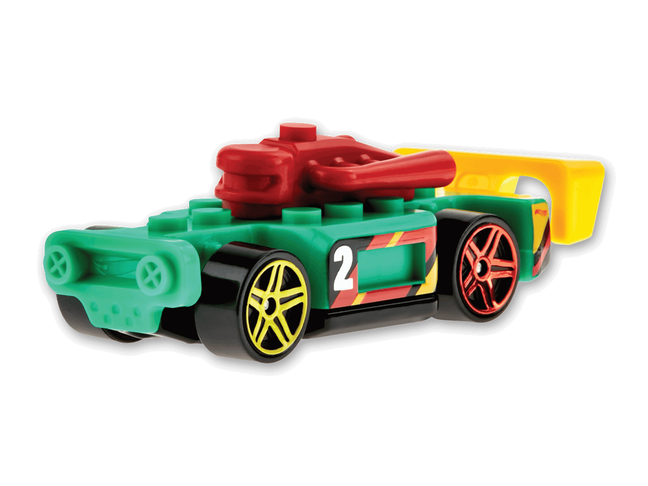 Ein grüner Hot Wheels Rennwagen mit roter und gelber Verzierung.