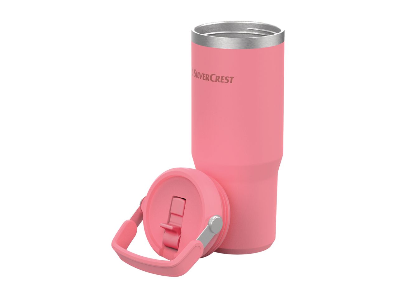 A pink Silvercrest tumbler with its lid detached, on a white background.