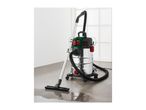 Wet and dry vacuum cleaner with a chrome-plated tank, hose, and floor nozzle on a wet floor.