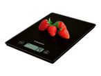 Black kitchen scale with four strawberries, displaying '74 g' on the screen.