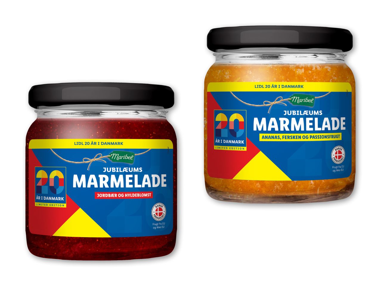 To glas Maribel jubilæumsmarmelade: jordbær og hyldeblomst, samt ananas, fersken og passionsfrugt.