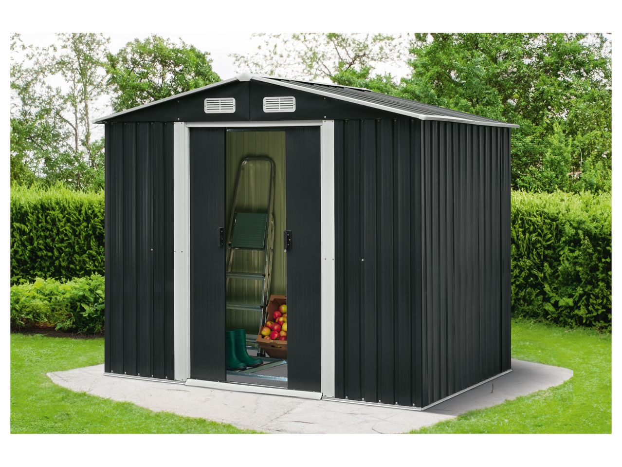Dark grey metal garden shed with open doors, revealing a ladder, boots, and apples.