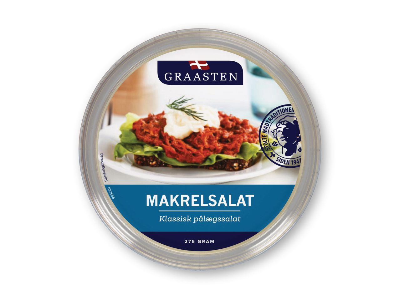 Graasten Makrelsalat i en rund beholder.