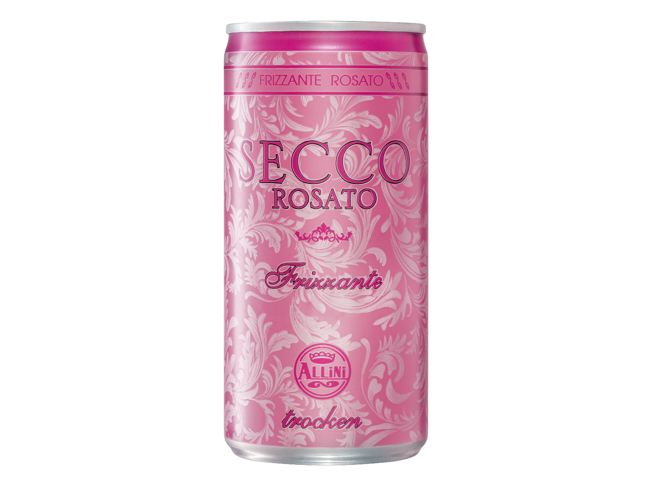 Розова газирана напитка в кен с надпис „Frizzante Rosato Secco“ и флорални мотиви.
