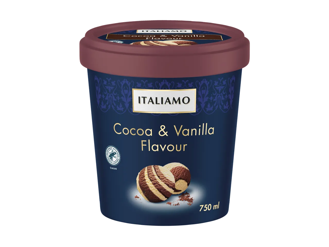 Gelado Italamo sabor cacau e baunilha (750 ml).