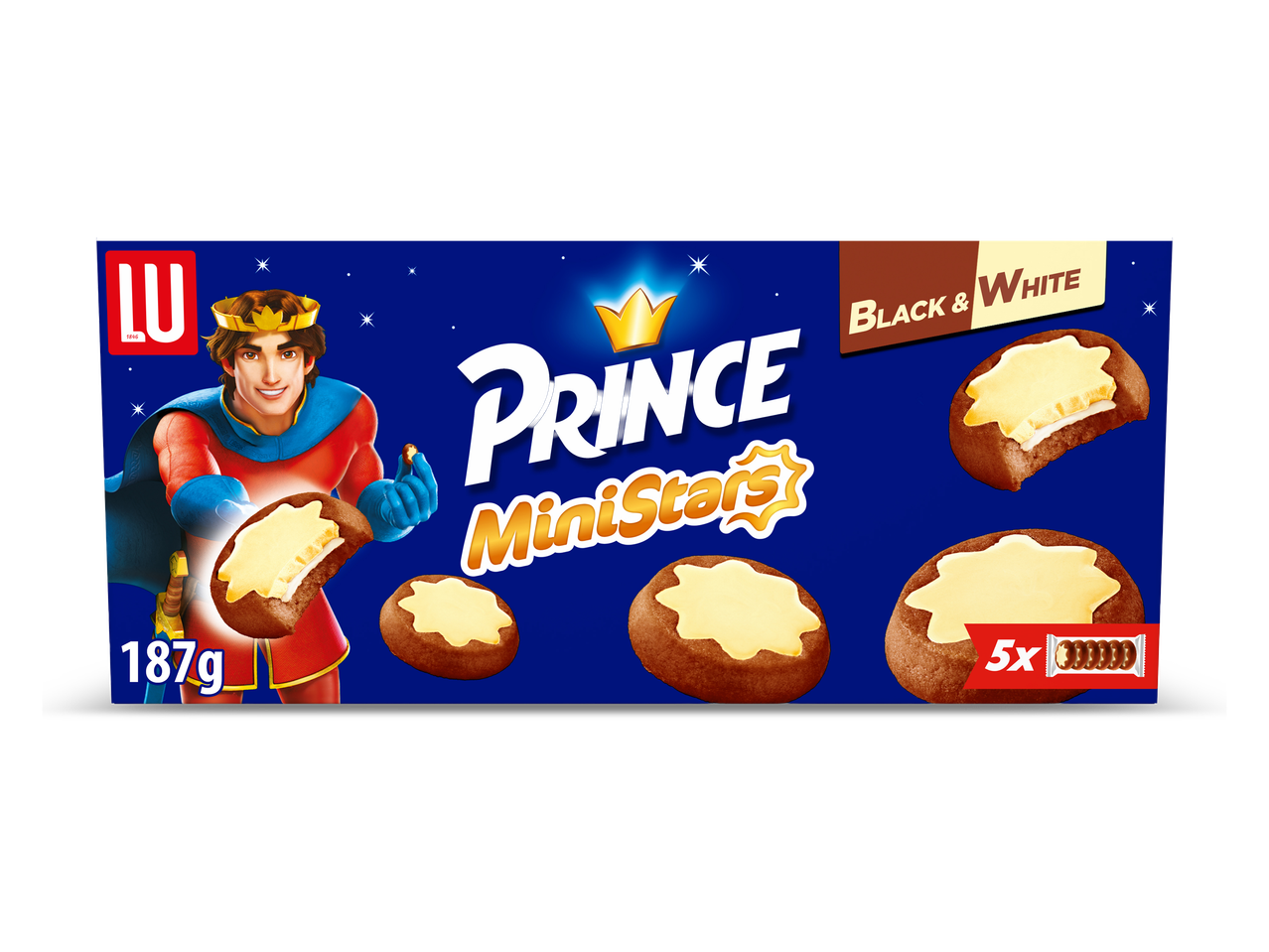 Verpakking van koekjes met een prins en de tekst 'Prince MiniStars Black & White', 187g, 5 stuks.