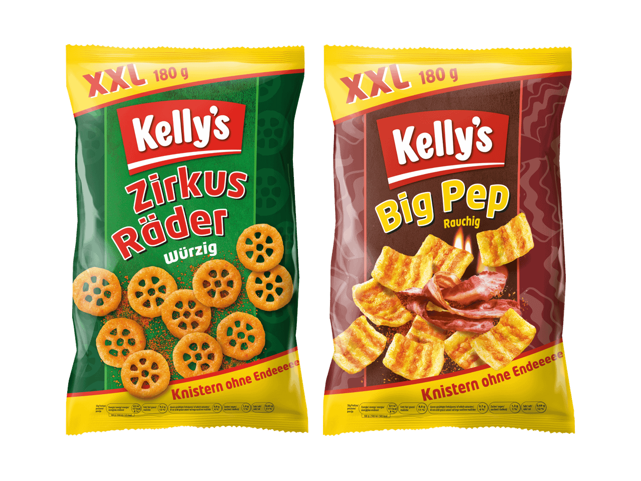 Zwei Packungen Kelly's Chips: Zirkus Räder (würzig) und Big Pep (rauchig).