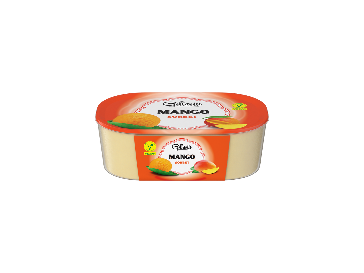 Sorbet de mango vegan Gelatelli într-un recipient de plastic.
