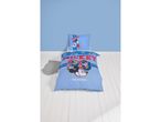 Mickey Mouse themed duvet cover set with a pillow on a white wooden floor.