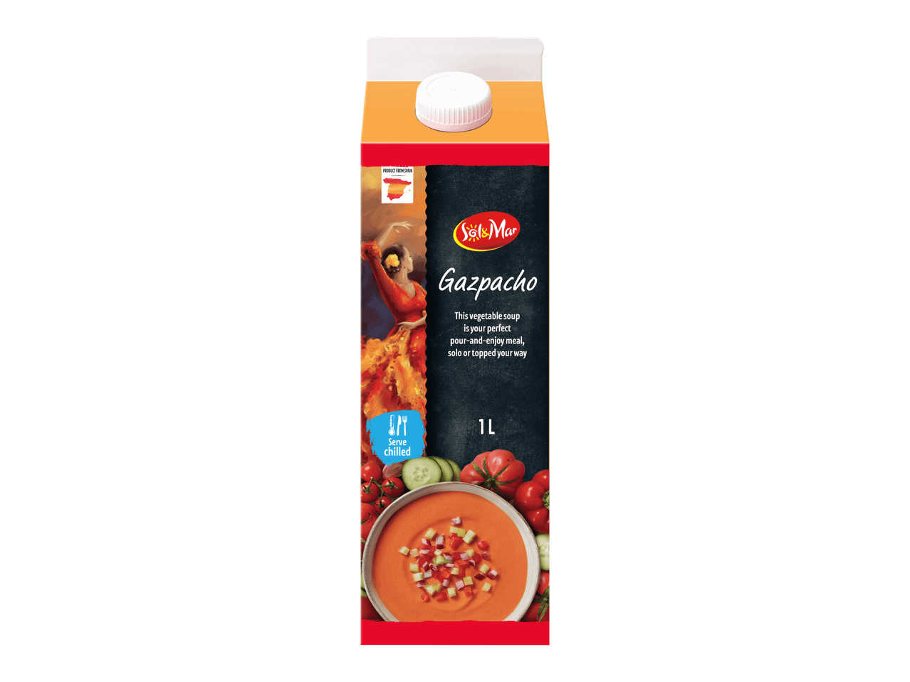 Gazpacho-keiton pakkaus, jossa on espanjalainen tanssija ja kulhollinen keittoa.