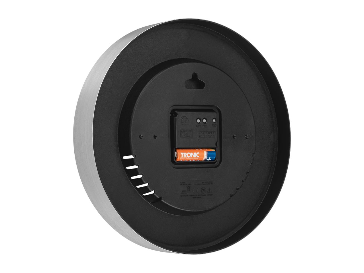 Rear view of a wall clock with a TRONIC battery inserted.