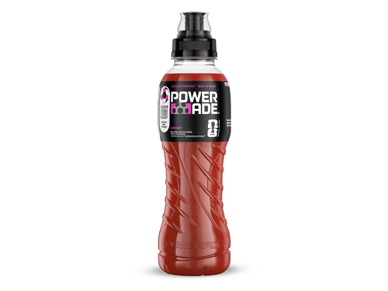 Een fles isotonische sportdrank met kersensmaak, verrijkt met vitamine B6.
