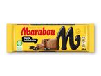 Gul chokoladebar med sorte lakridsstykker og et stort sort 'M' logo.