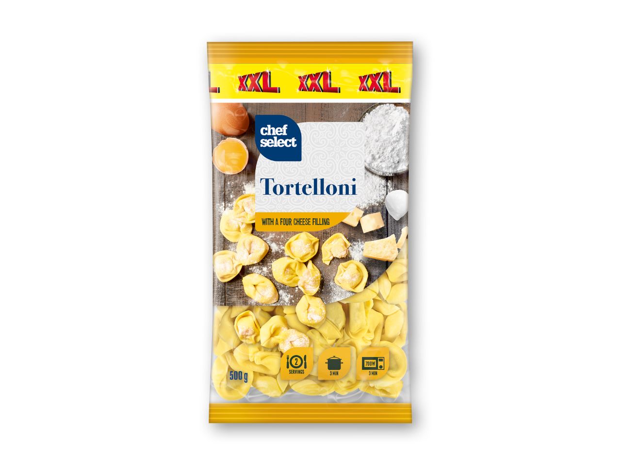 Chef Select XXL Tortelloni med fire ostefyld i en gul pose.
