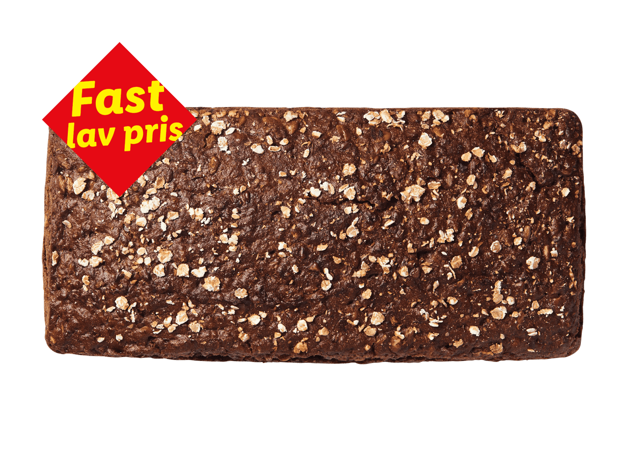 Mørkt rugbrød med kerner og havregryn, mærket med et rødt skilt med teksten 'Fast lav pris'.