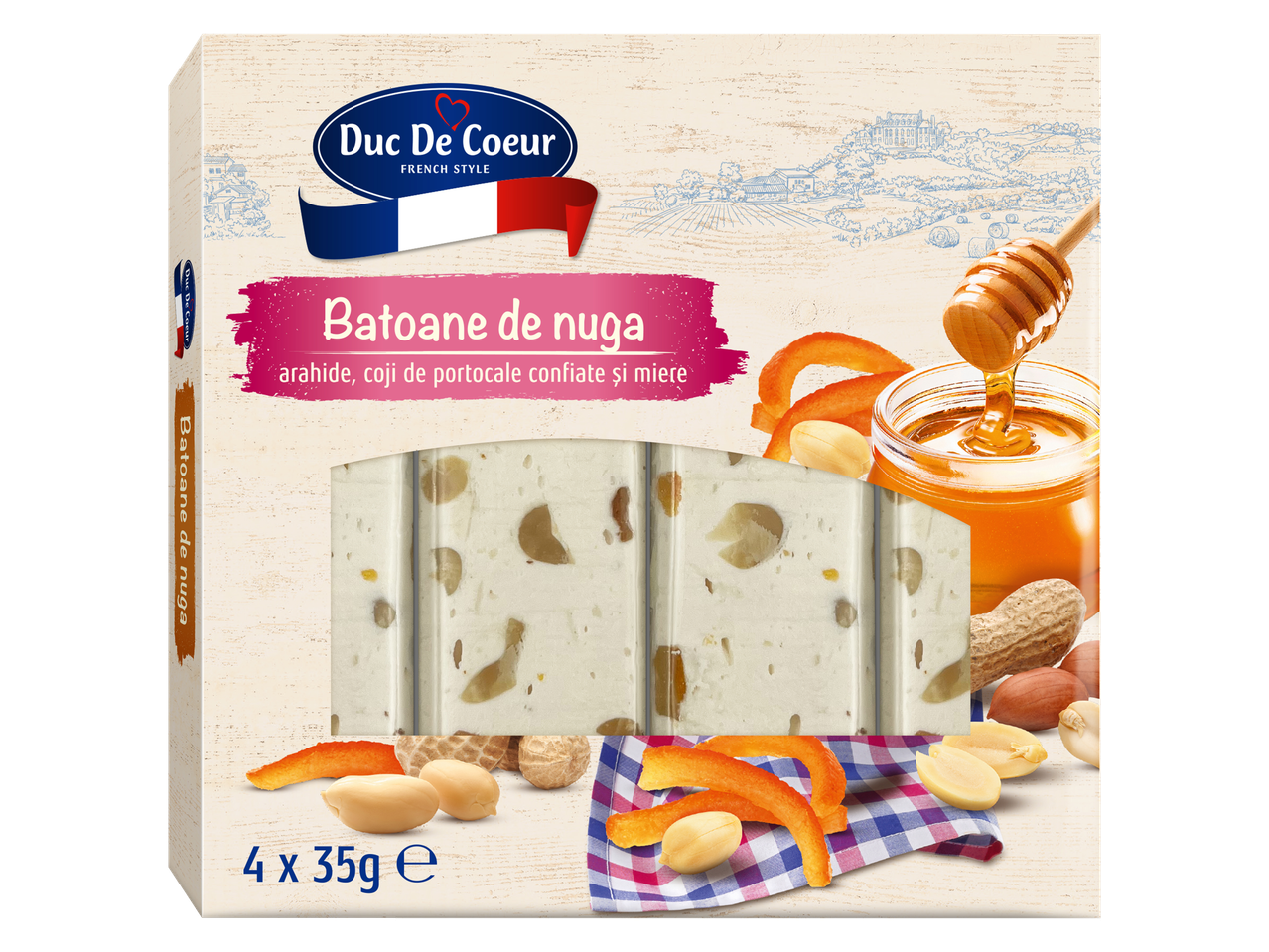 Batoane de Nougat Duc De Coeur cu arahide, coajă de portocală confiată și miere.