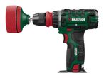 Cordless drill with a red polishing attachment on a white background.