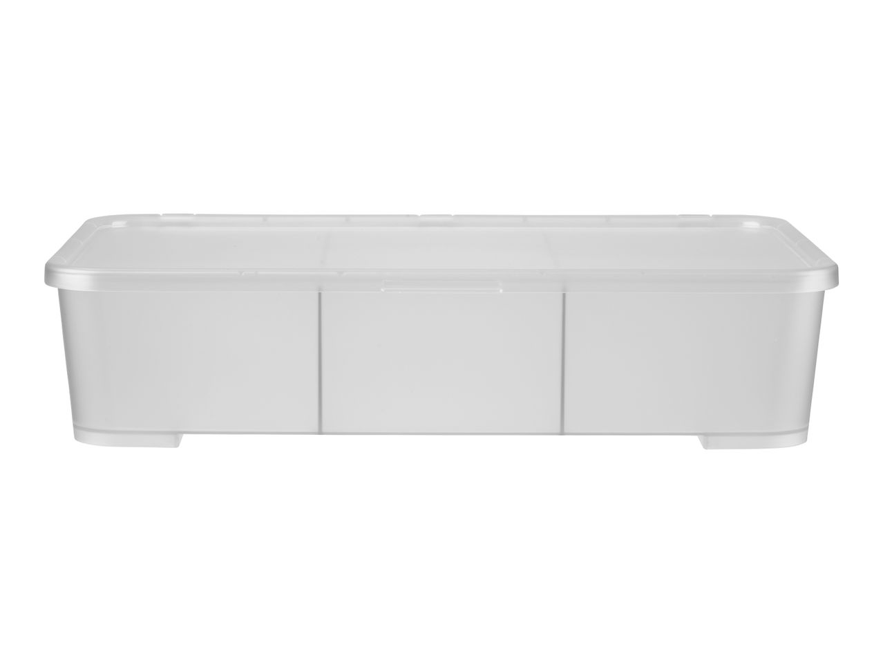 A clear plastic storage bin with three compartments.