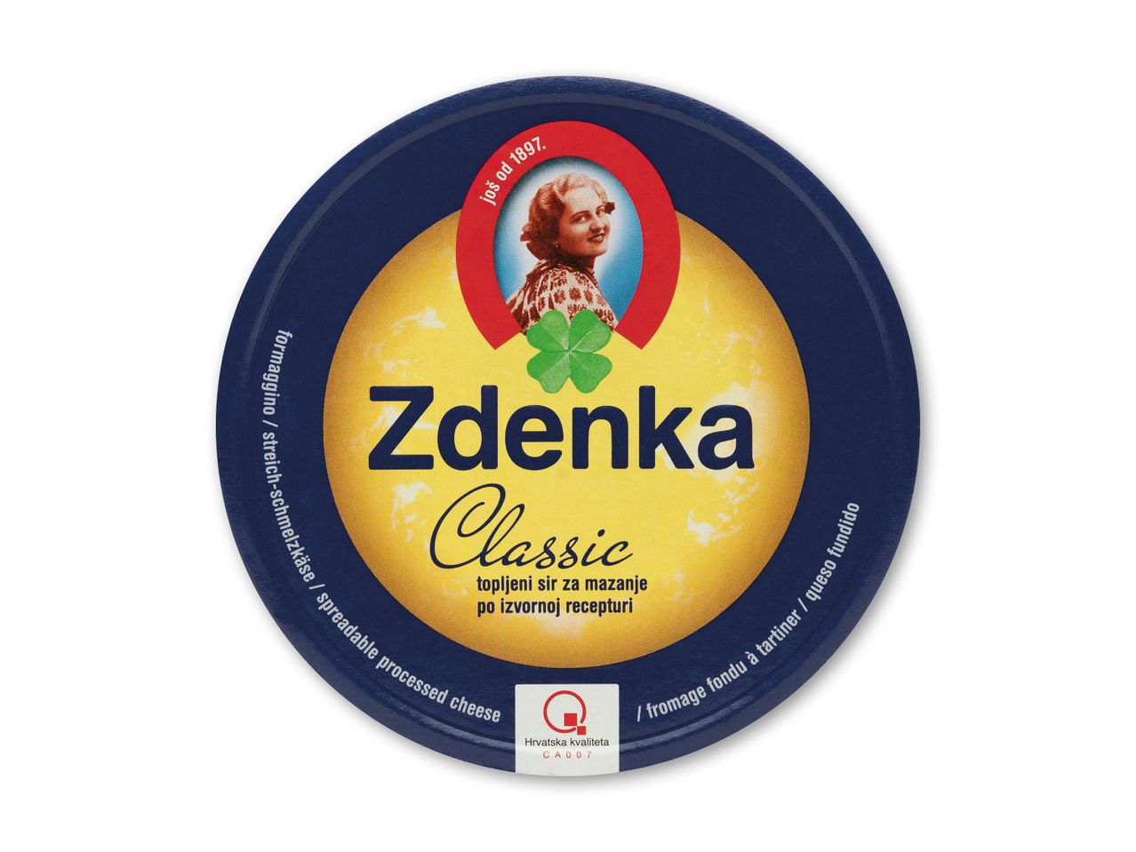 Rund emballage til smelteost med en kvinde og en firkløver, teksten 'Classic'.