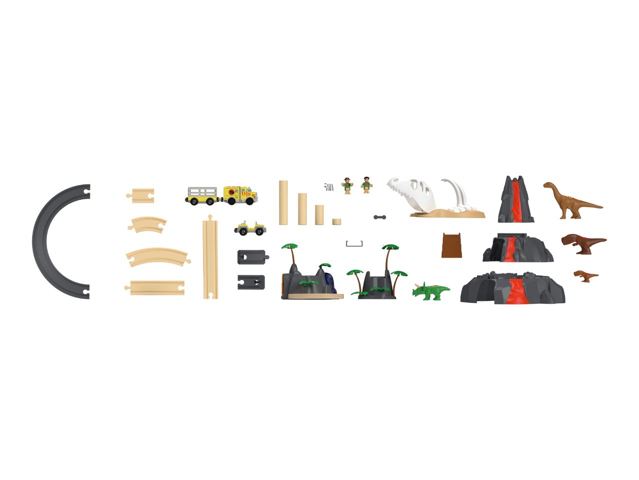 A dinosaur-themed train set with tracks, vehicles, figures, and landscape elements.