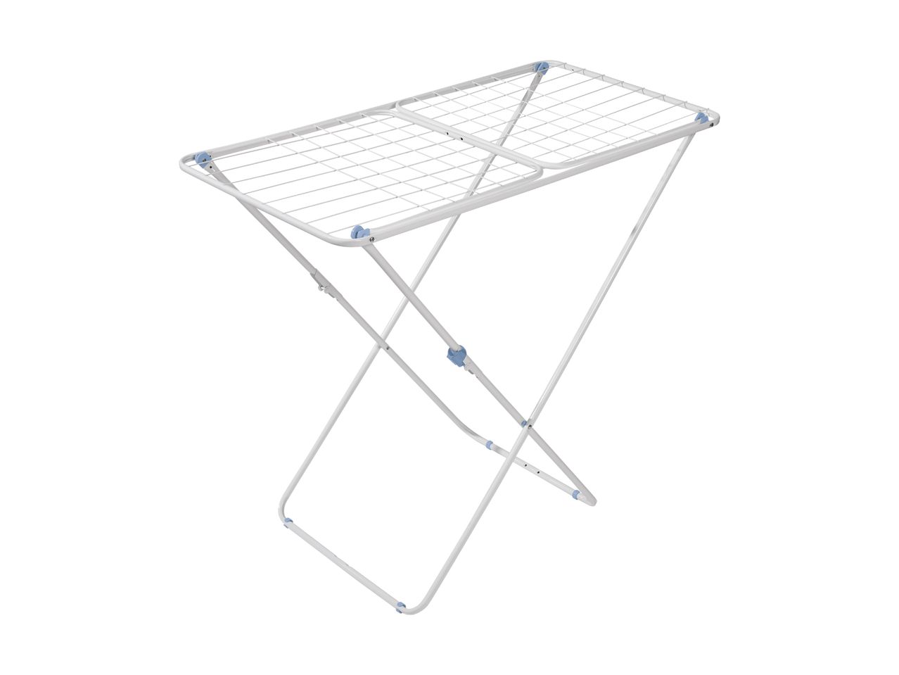 Ein weißer Wäscheständer mit zwei Ebenen aus Metallgitter.