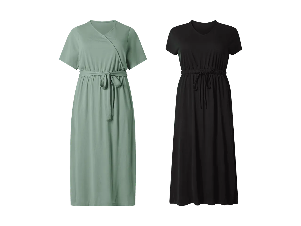 Zwei Damenkleider: ein mintgrünes Wickelkleid und ein schwarzes Kleid mit Kordelzug.