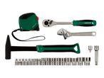 A set of hand tools including a hammer, tape measure, ratchet, adjustable wrench, and various sockets.