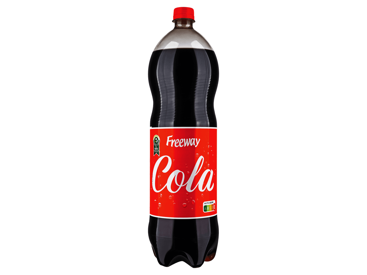 Egy palack kóla piros címkével és kupakkal.