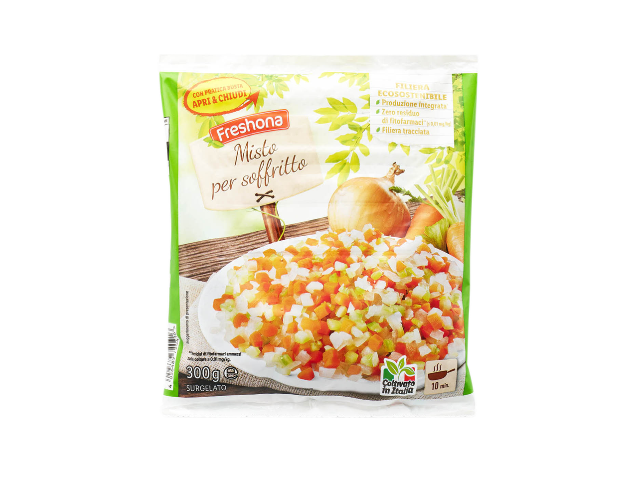 Busta di Freshona Misto per soffritto con verdure miste e indicazioni di cottura.