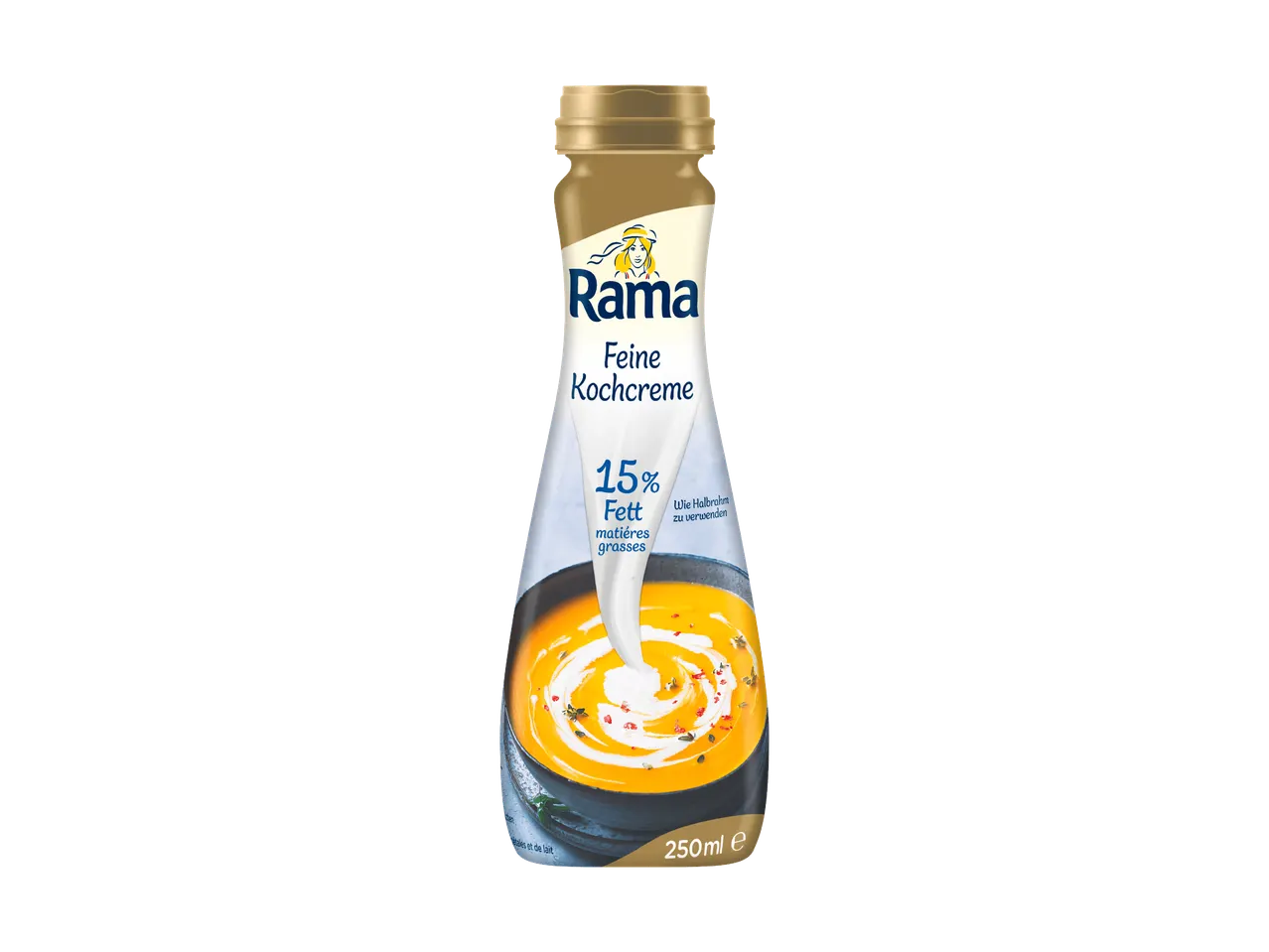 Flasche mit Kochcreme, 15% Fett, mit Bild einer Kürbissuppe