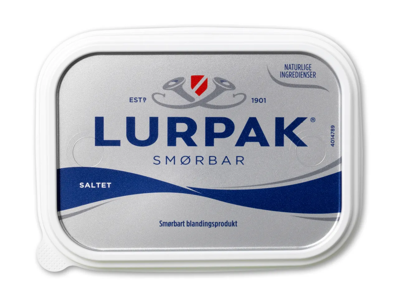 En pakke Lurpak Smørbar med teksten 'SALTET' og 'Smørbart blandingsprodukt'.