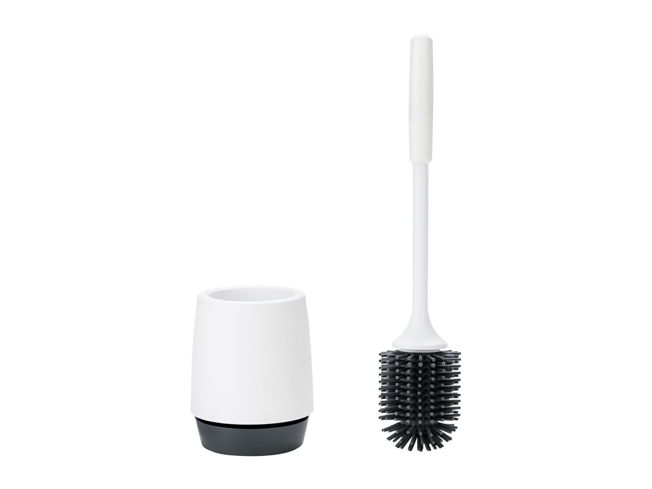 A white toilet brush and holder set.