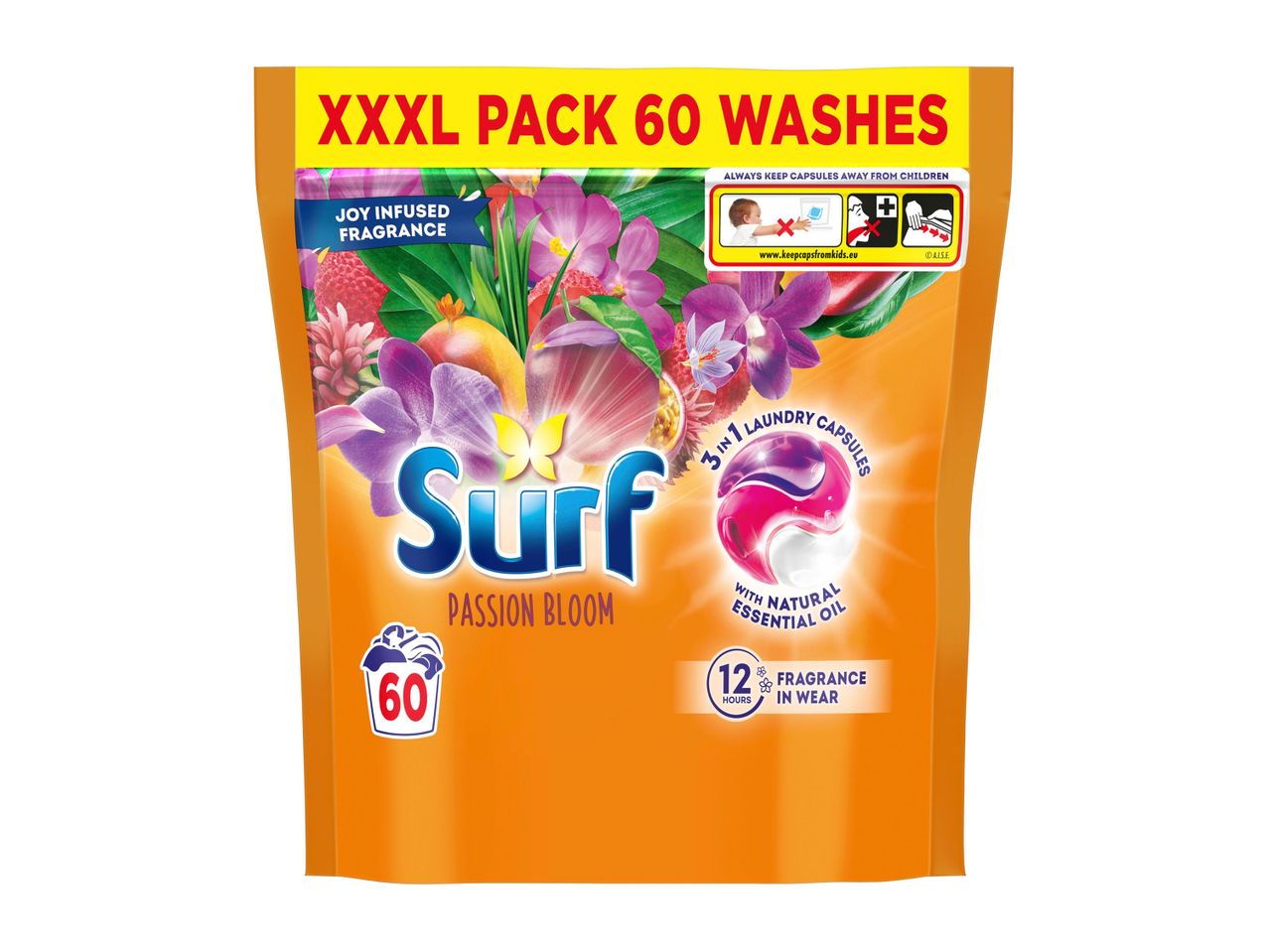 Surf laundry capsules in a large orange bag with floral and fruit imagery.