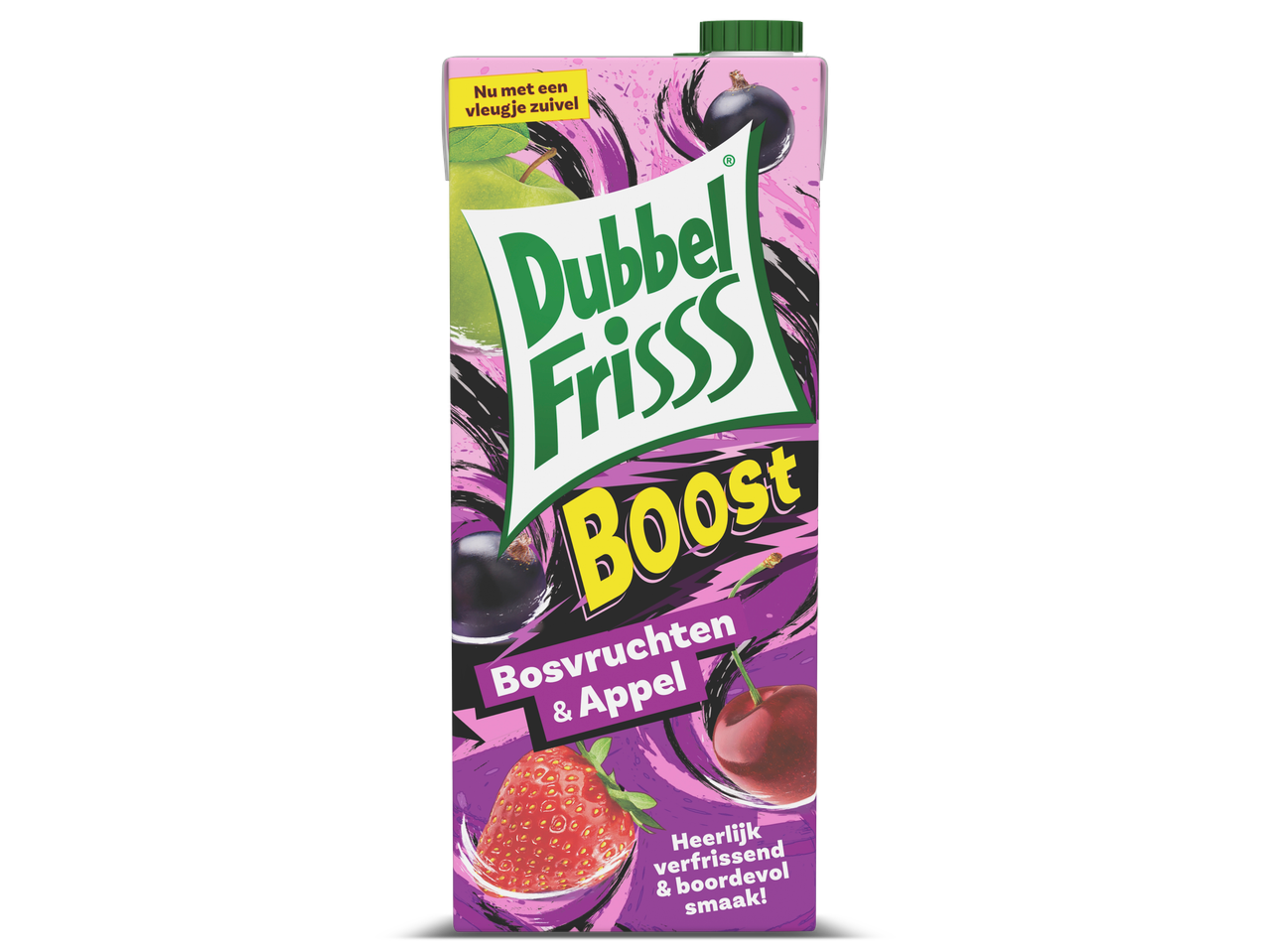 DubbelFrisss Boost vruchtendrank met bosvruchten- en appelsmaak.