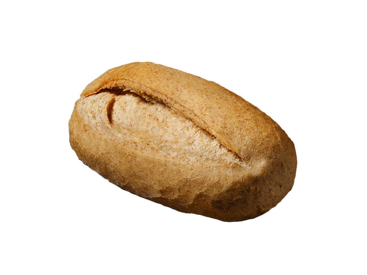 Pão de trigo integral com um corte no topo, sobre fundo preto.