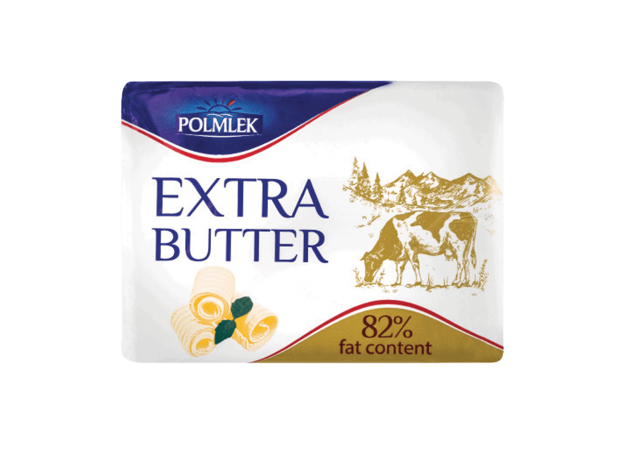 Sviesta iepakojums ar uzrakstu «EXTRA BUTTER» un norādi par 82% tauku saturu.