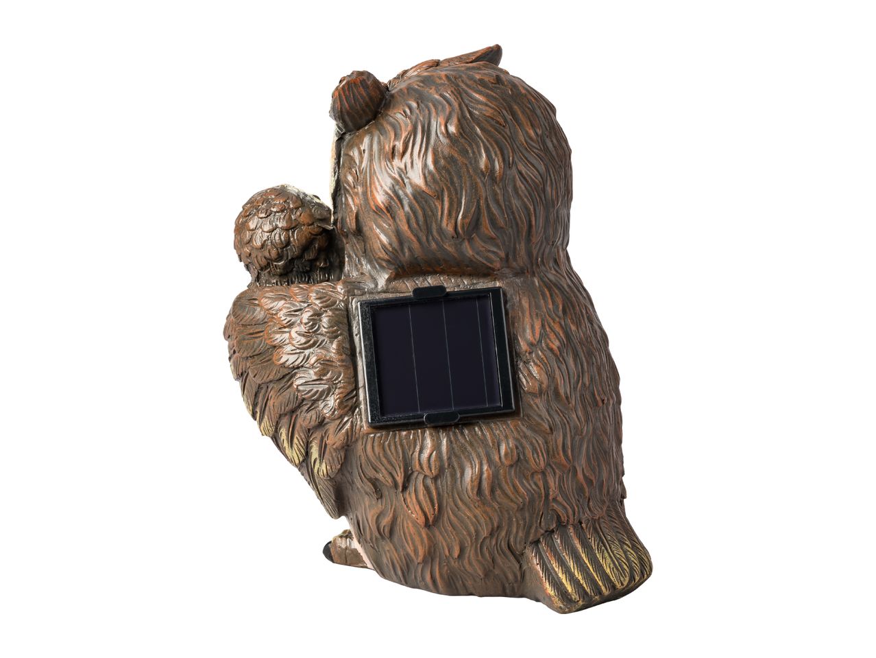 Bronze owl garden ornament with a solar panel on its back.