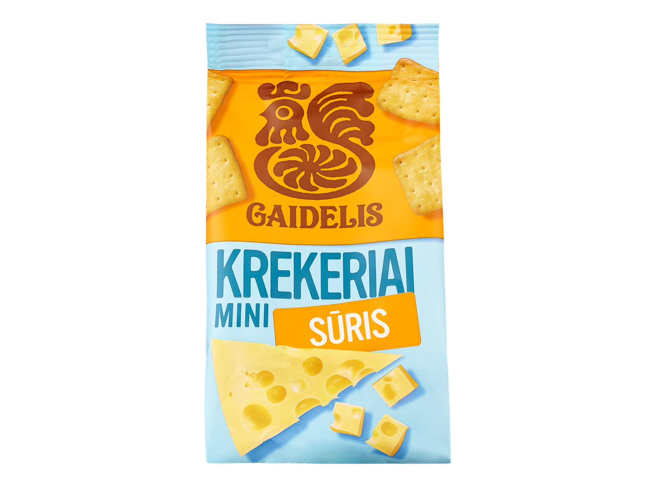 Gaidelis Mini Krekeriai su sūriu pakuotė, su krekeriais ir sūriu.