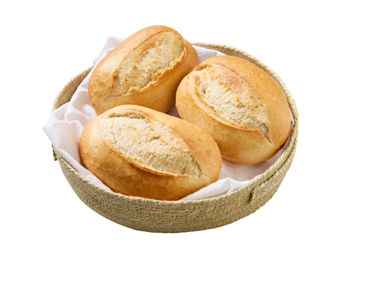 Drie verse broodjes in een gevlochten mand met een witte doek.