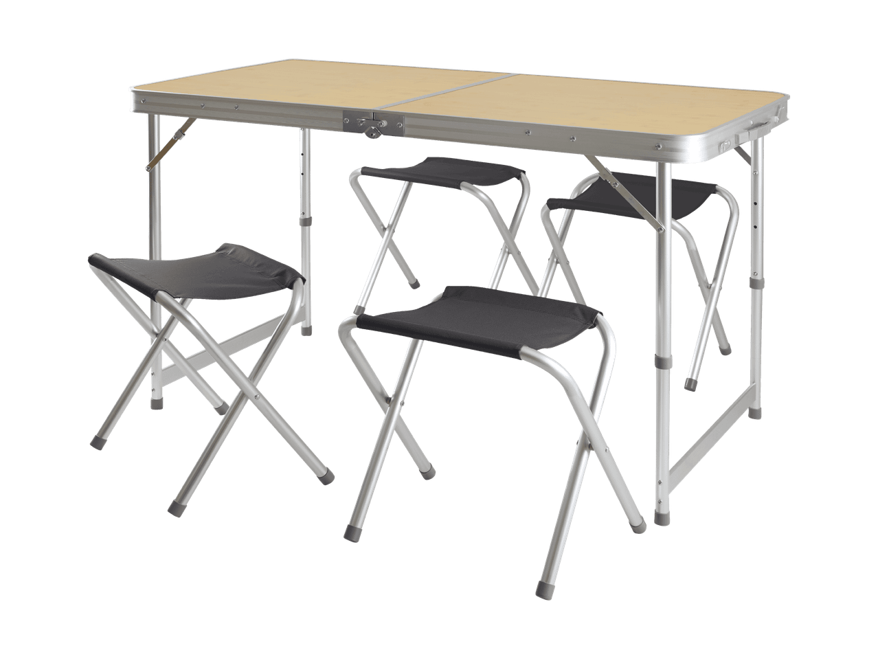 Klappbarer Campingtisch mit vier Hockern