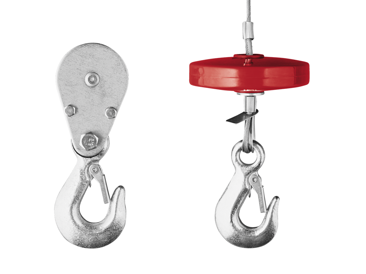 Crane hooks and red brake mechanism.