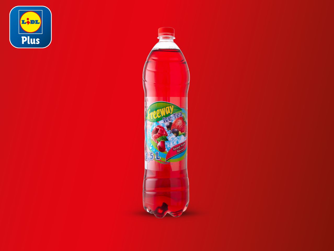Boca Freeway ledenog čaja s okusom šumskog voća na crvenoj pozadini s Lidl Plus logom.