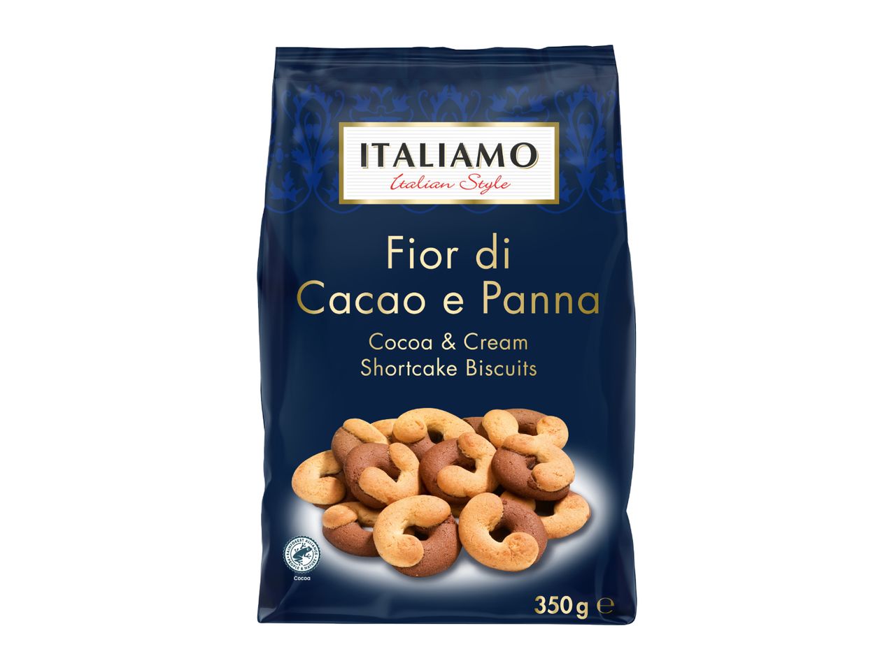 Fior di Cacao e Panna Cocoa & Cream Shortcake Biscuits in a blue bag, 350g.