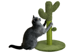 Сива котка драска зелен стълб за драскане с форма на кактус.