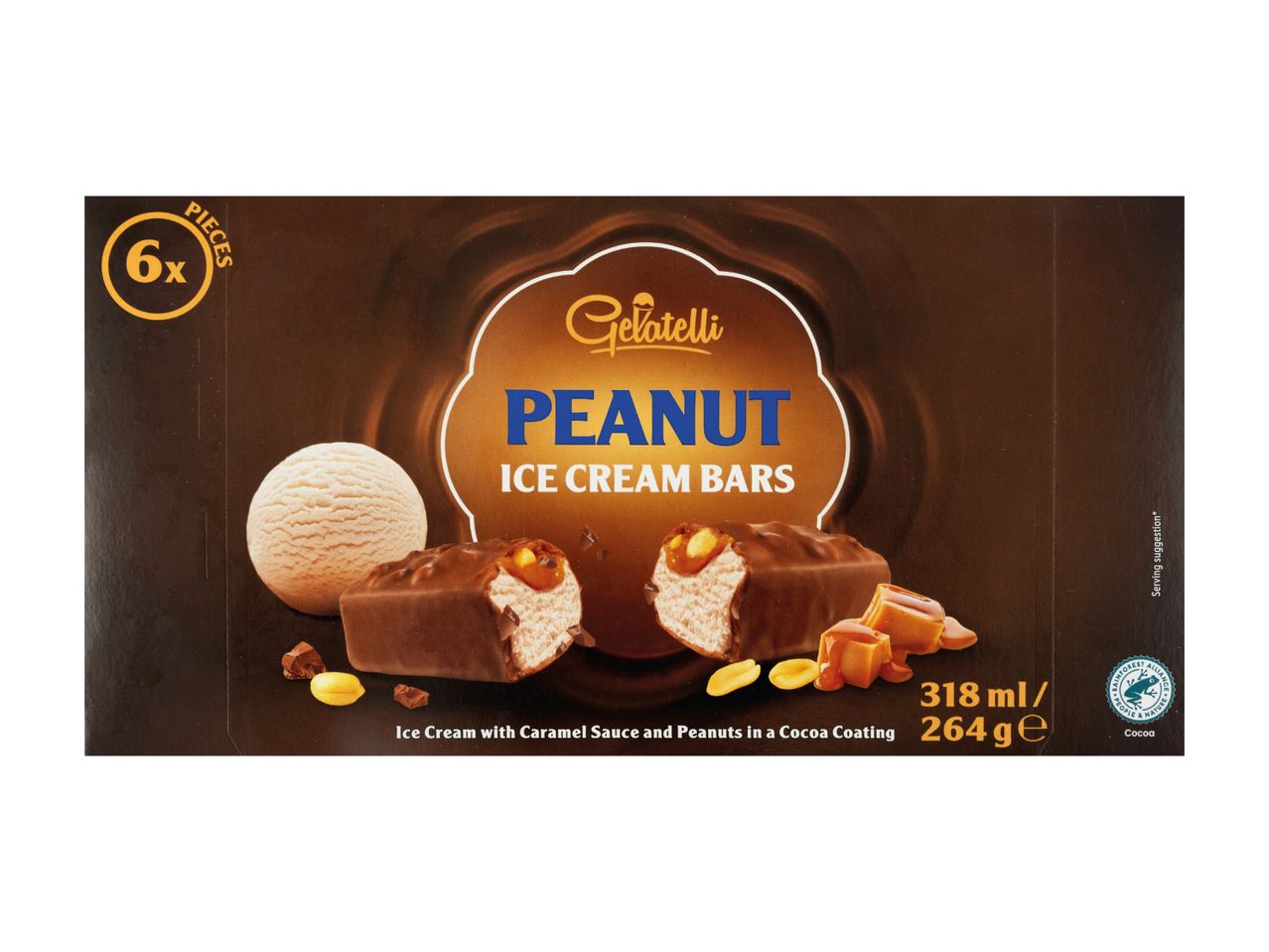 Peanut ice cream bars with caramel sauce and peanuts in a cocoa coating, 6 pieces.