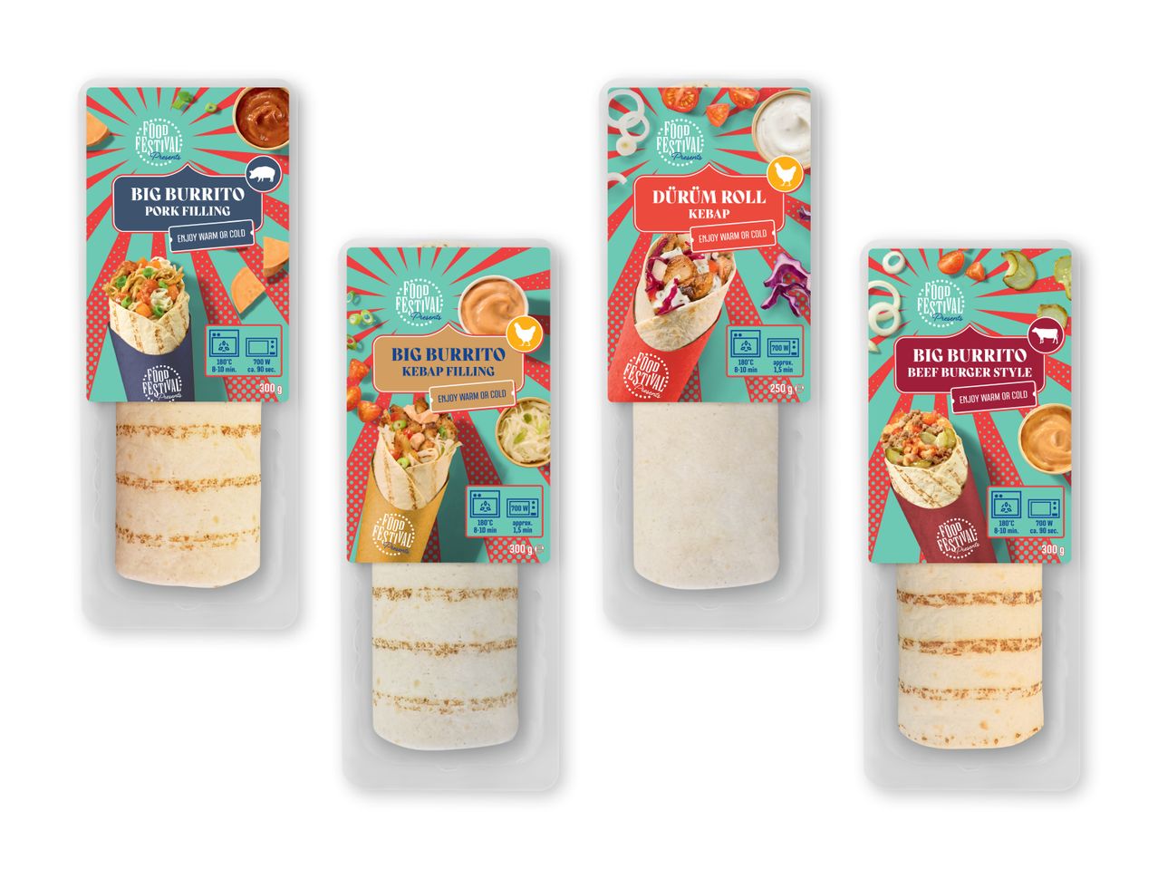 Fire indpakkede burritos og durumruller med forskellige fyld, klar til at blive varmet.