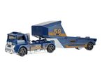 Hot Wheels blue toy truck and trailer with '52' and 'HAN FABRICATION' decals