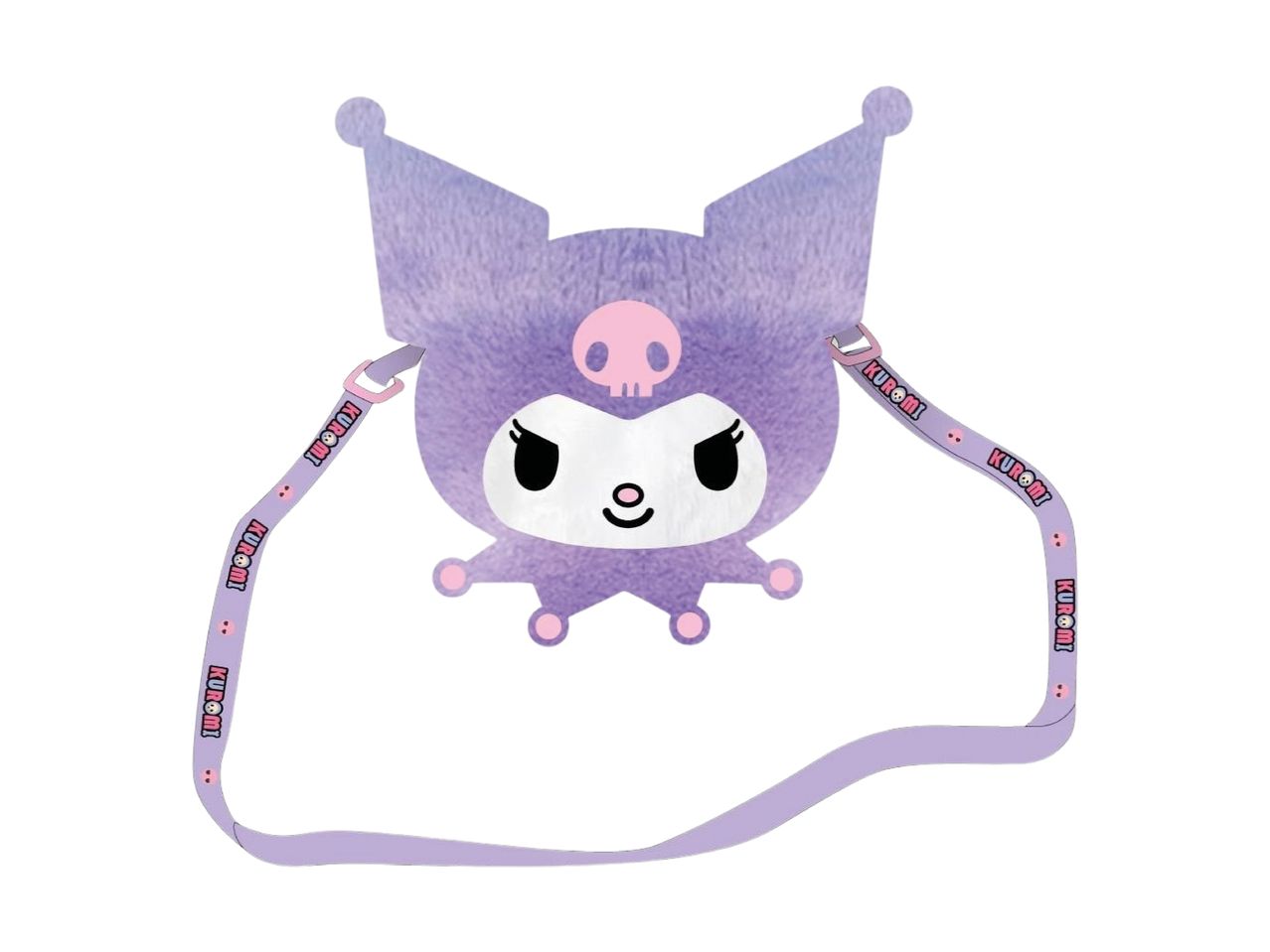 A purple Kuromi-themed plush shoulder bag with a strap.